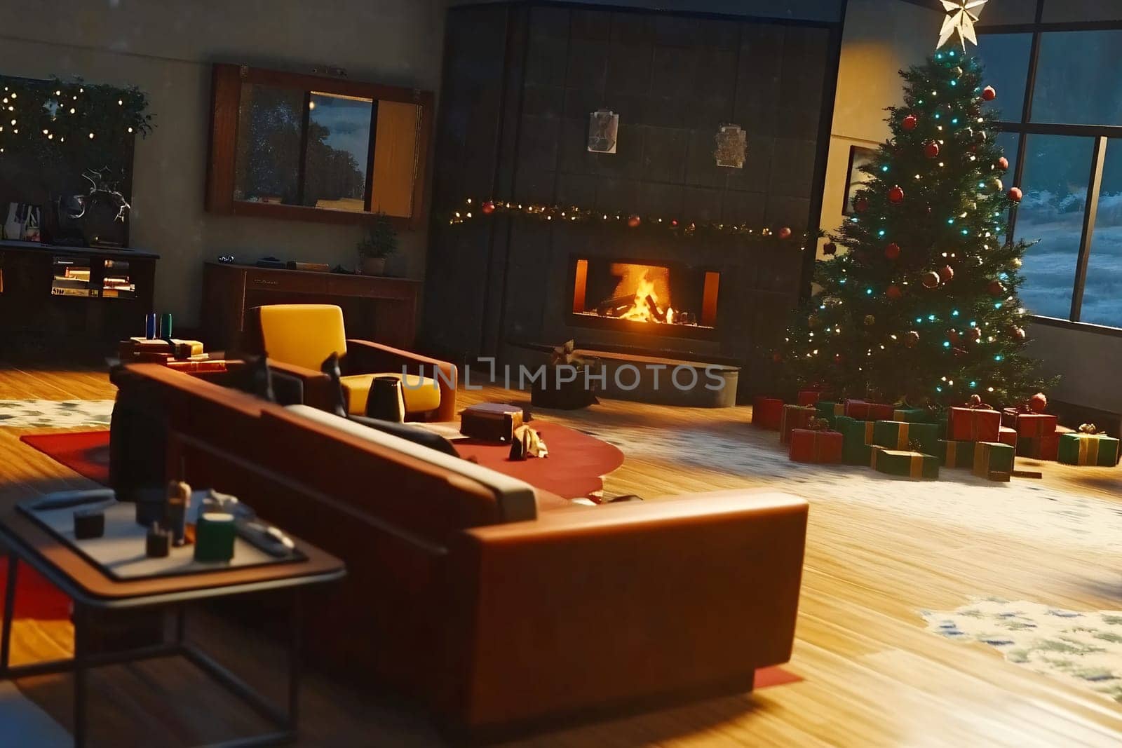 A warm living area features a decorated Christmas tree, glowing fireplace, and festive atmosphere on a winter evening.