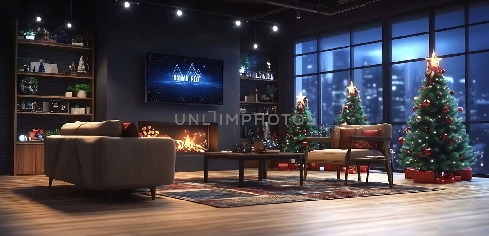 A modern living room is festively decorated for Christmas with trees, a cozy fireplace, and a view of city lights at night.
