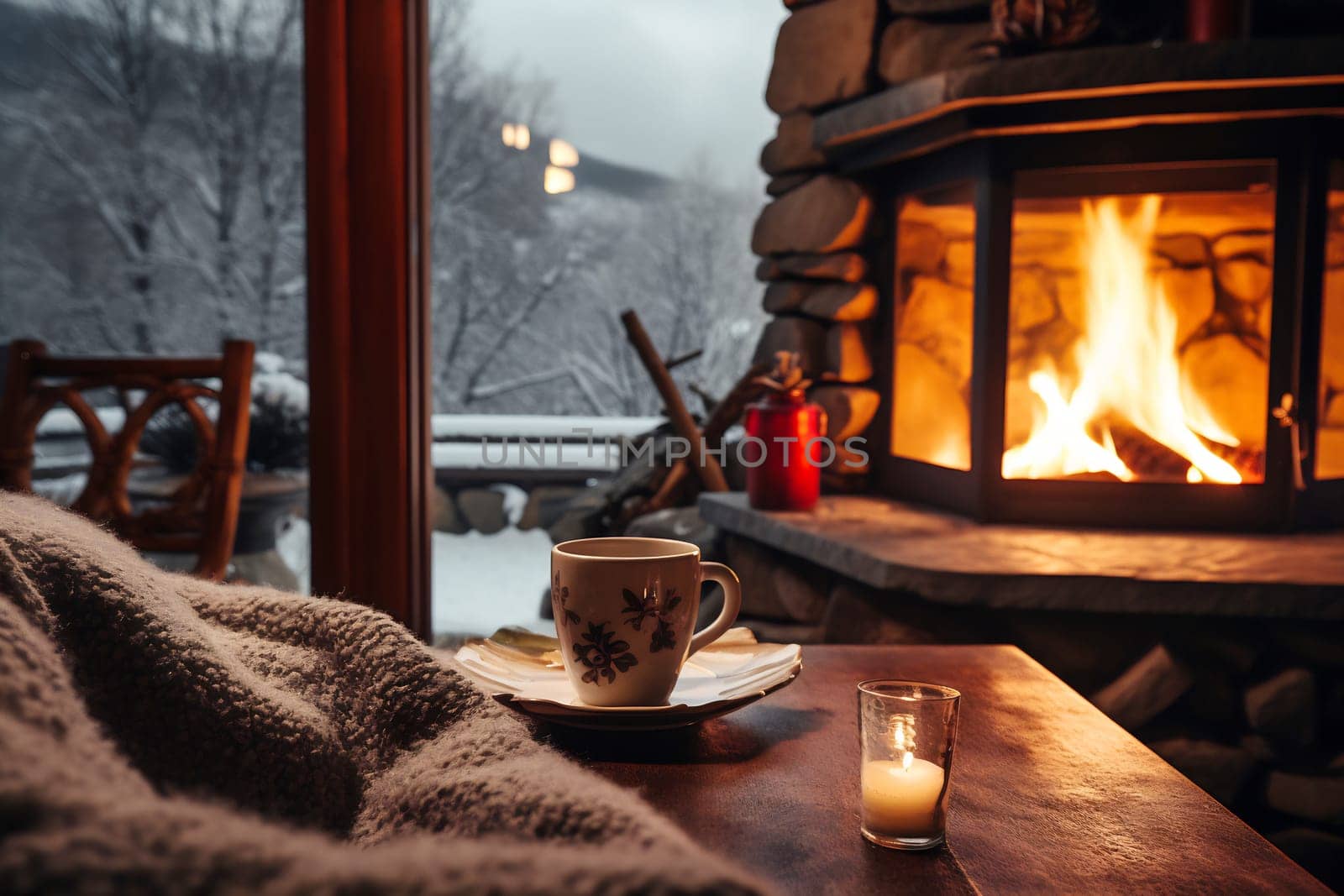 A warm drink rests beside a flickering candle, while a roaring fire creates a snug atmosphere on a snowy night.