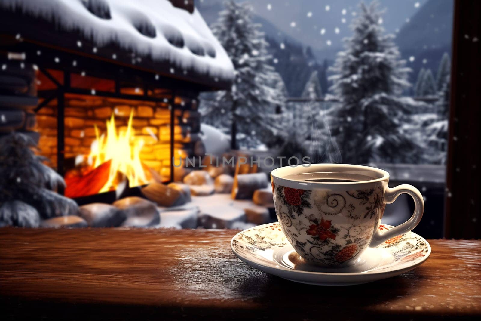 A steaming cup of coffee sits on a wood surface beside a glowing fireplace, with snow-covered trees in the background.