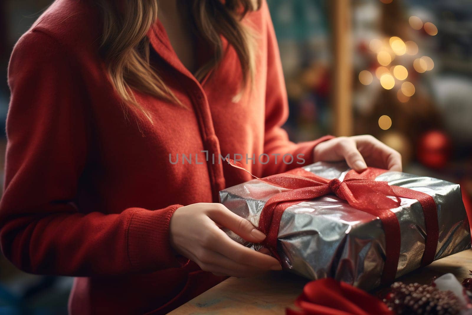 Someone carefully wraps a beautifully detailed gift with silver paper and a vibrant red ribbon amid a cozy holiday atmosphere.