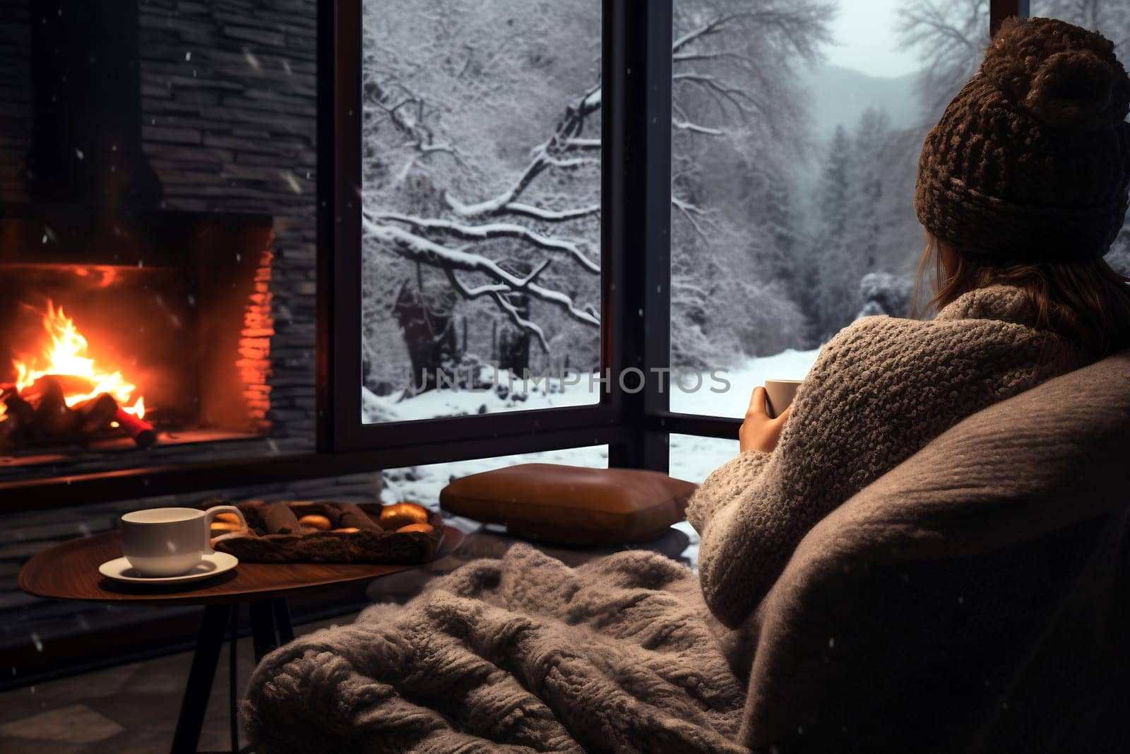 A person relaxes in a cabin, wrapped in a blanket, enjoying a warm drink and cookies while snow falls outside the window.