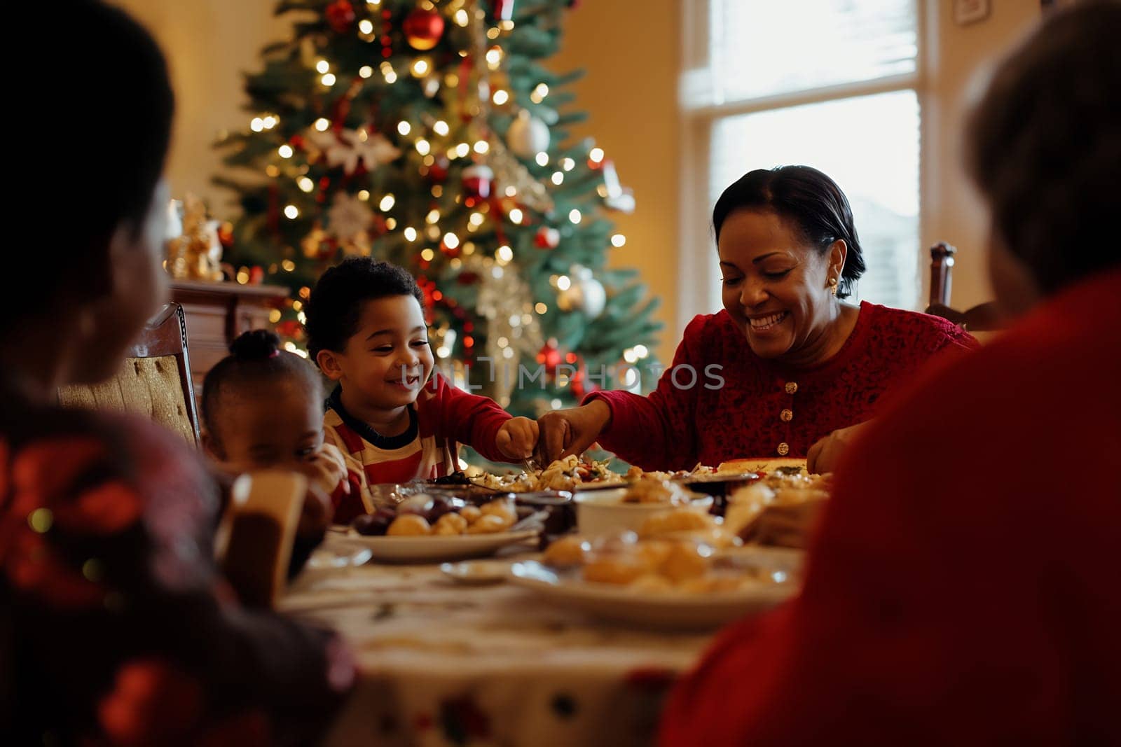 A cheerful family enjoys a delicious holiday meal at a beautifully set table, celebrating together in a warmly decorated room.