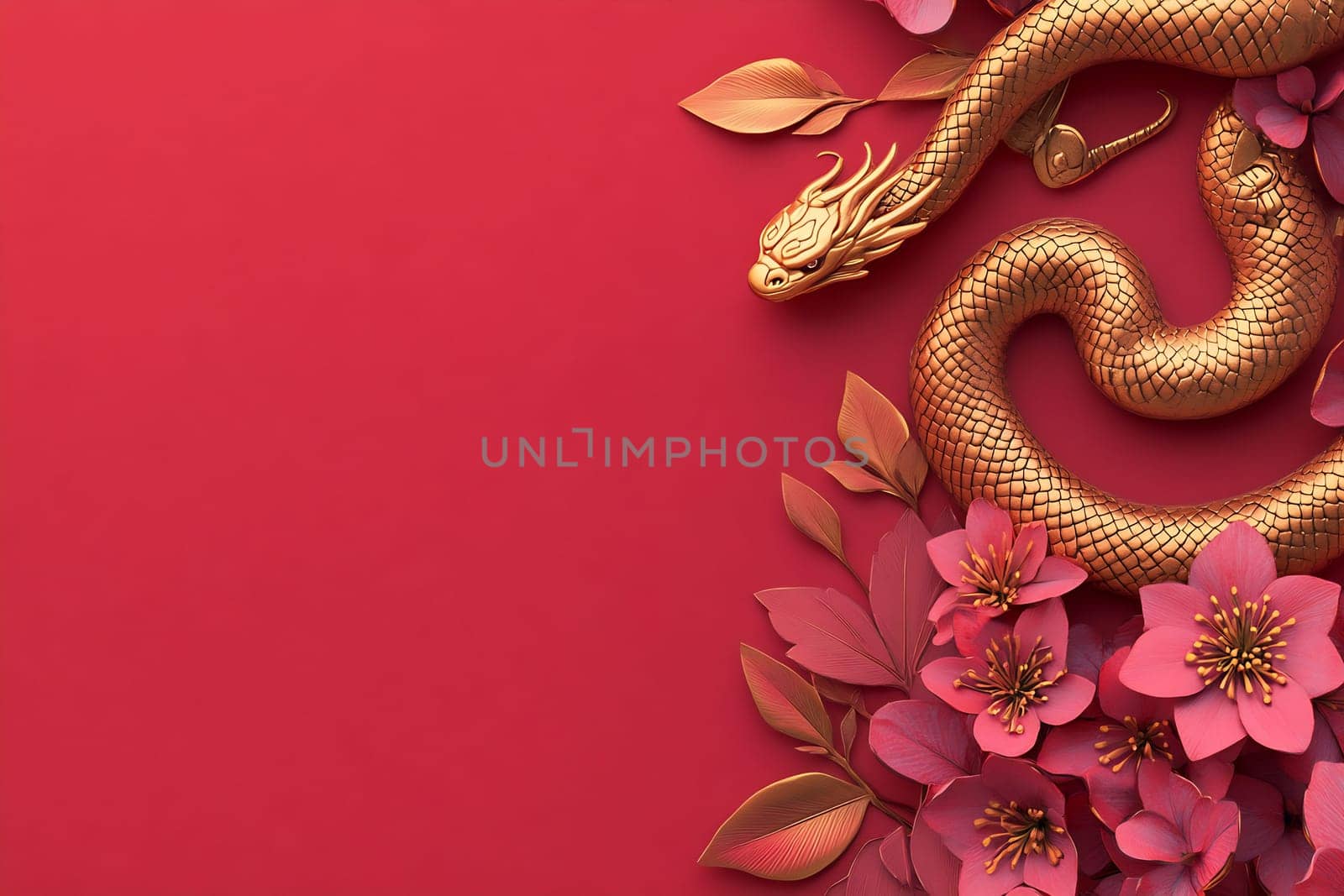 The artwork features a golden dragon wrapped around vibrant pink flowers against a rich red backdrop, celebrating cultural festivities.