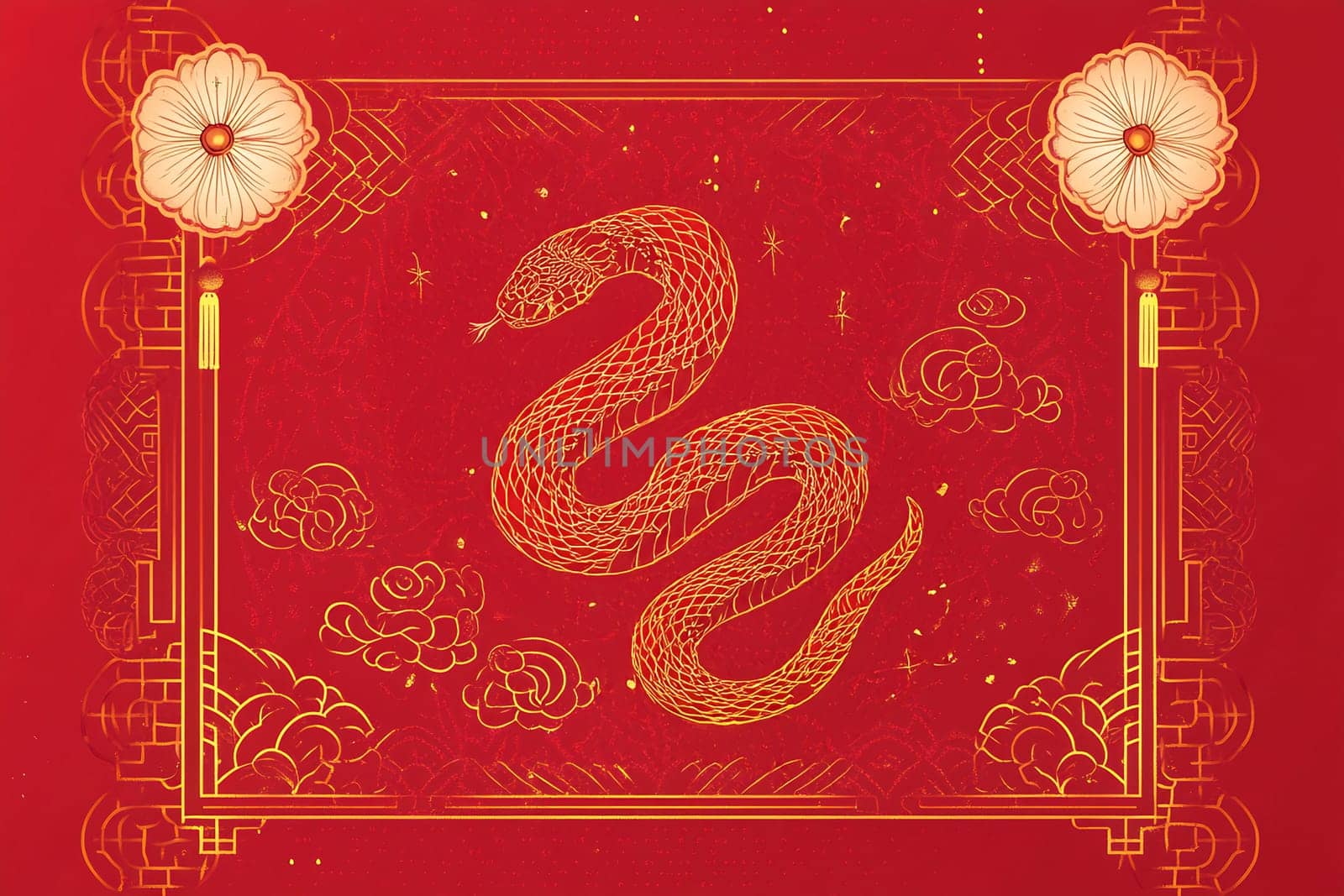 A golden snake slithers gracefully through stylized clouds and flowers on a rich red backdrop, representing abundance and good fortune.