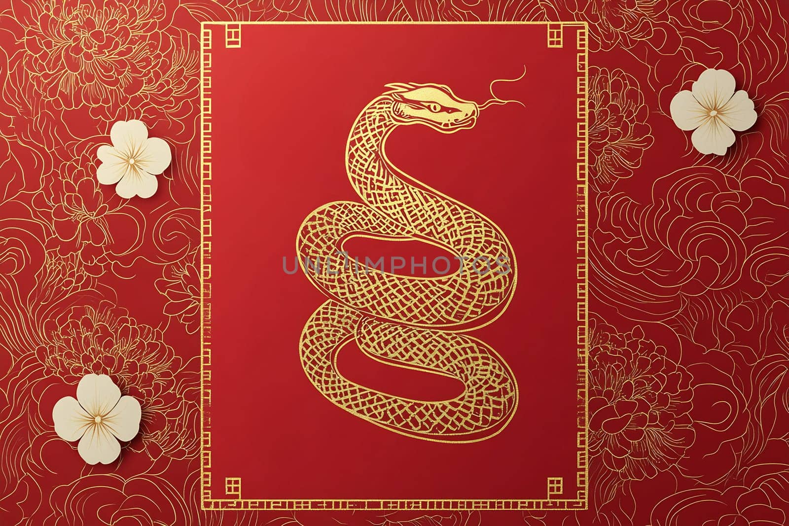 A striking illustration features a golden serpent curled against a vibrant red backdrop, adorned with elegant floral designs.