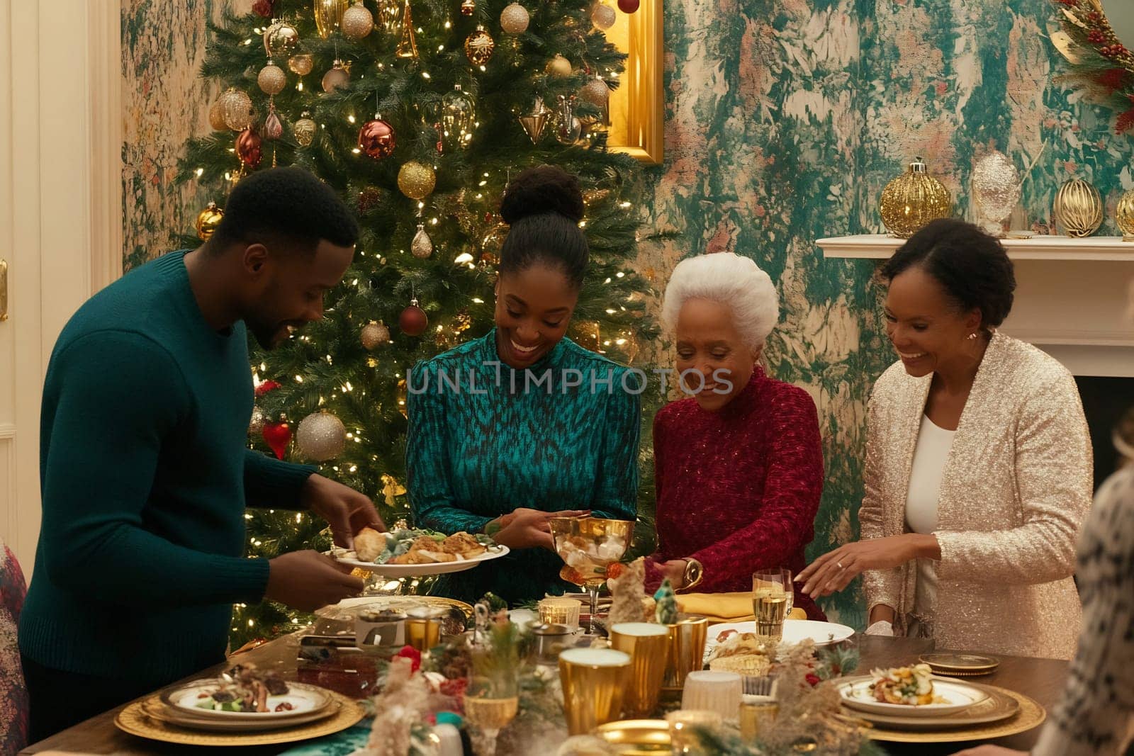 Family members enjoy a delicious holiday meal together, surrounded by Christmas decorations and a beautifully lit tree.