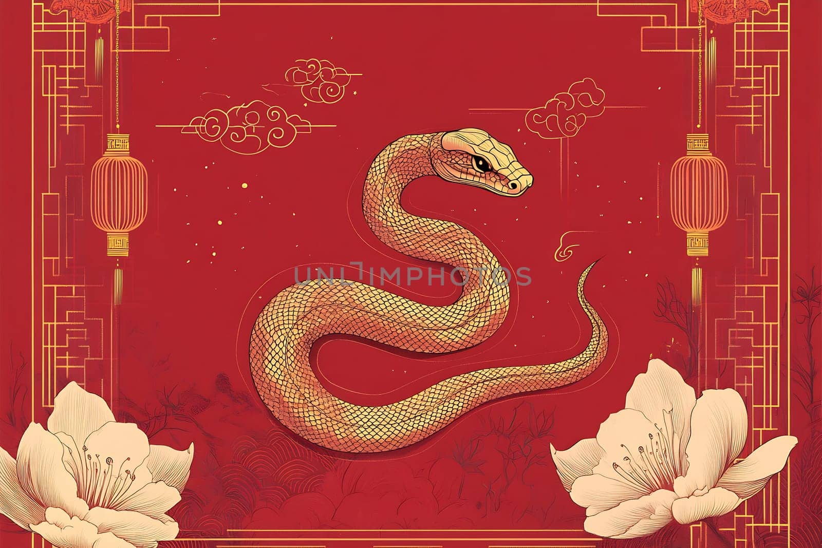 A golden snake coils gracefully amidst vibrant flowers and lanterns, symbolizing good luck and wealth in a rich red setting.