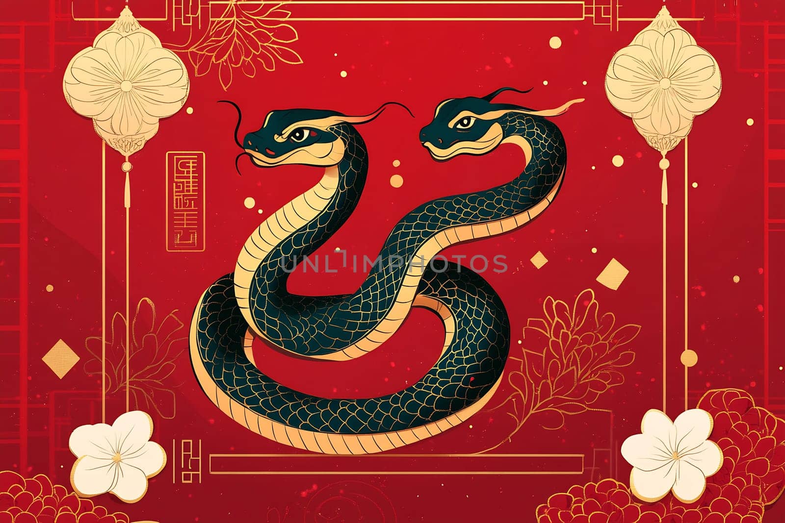 This artwork showcases a striking double-headed snake design, featuring vibrant colors and elegant floral elements on a rich background.