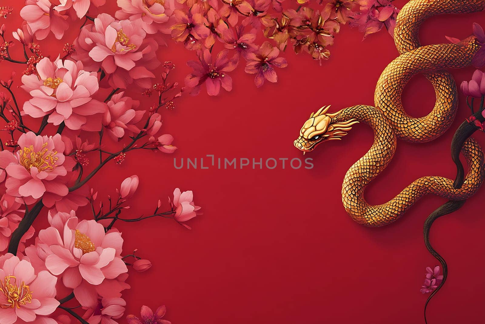 An elegant golden dragon intertwines with lush pink blossoms against a striking red backdrop, representing spring and good fortune.