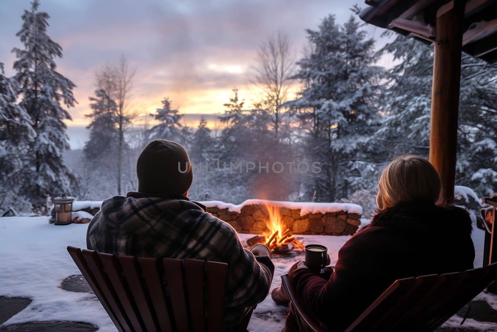 Two people enjoy warm drinks by a fire, surrounded by a snowy forest as the sun sets, creating a serene winter atmosphere.