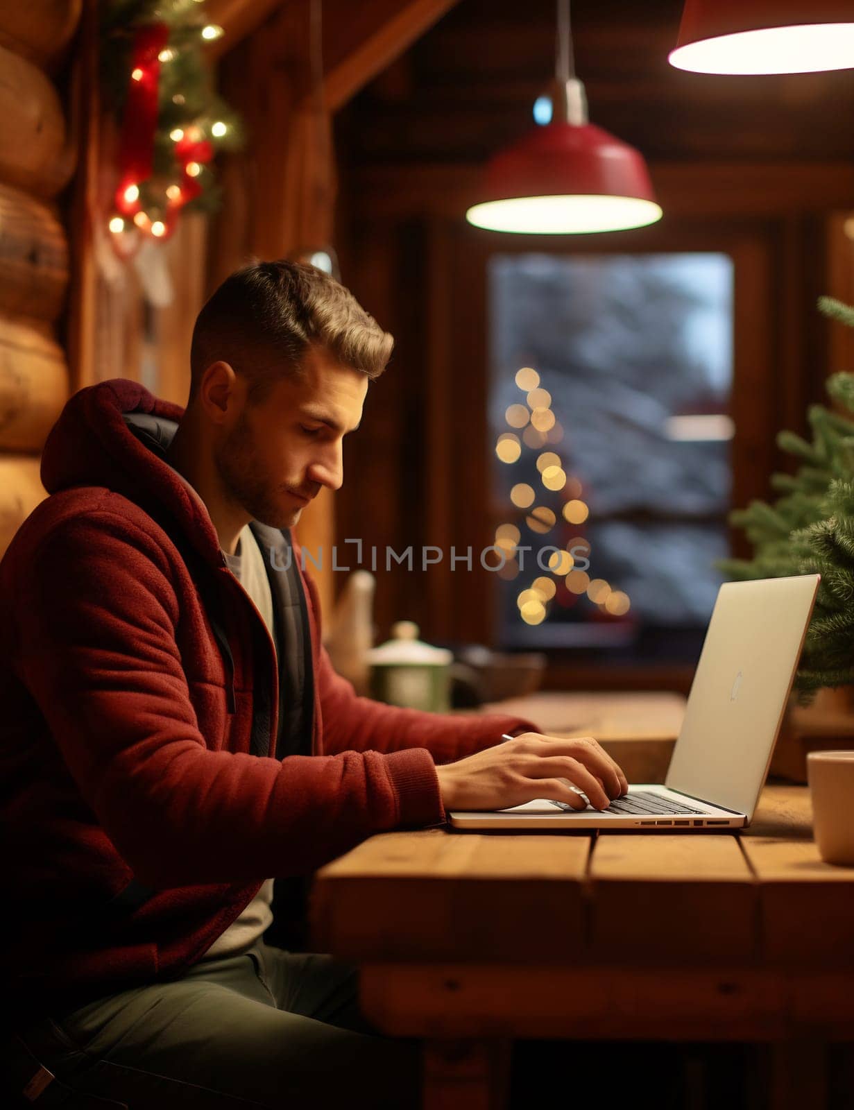 A man focuses on his laptop in a warm wooden cabin adorned with festive decorations and soft, ambient lighting.