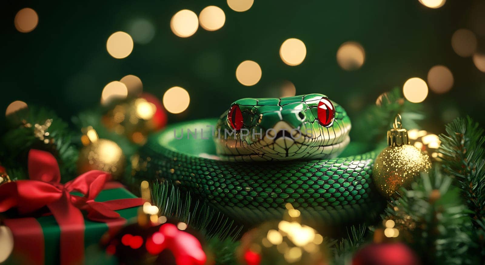 A green snake curls gracefully around Christmas ornaments and gifts, surrounded by twinkling lights and holiday greenery.