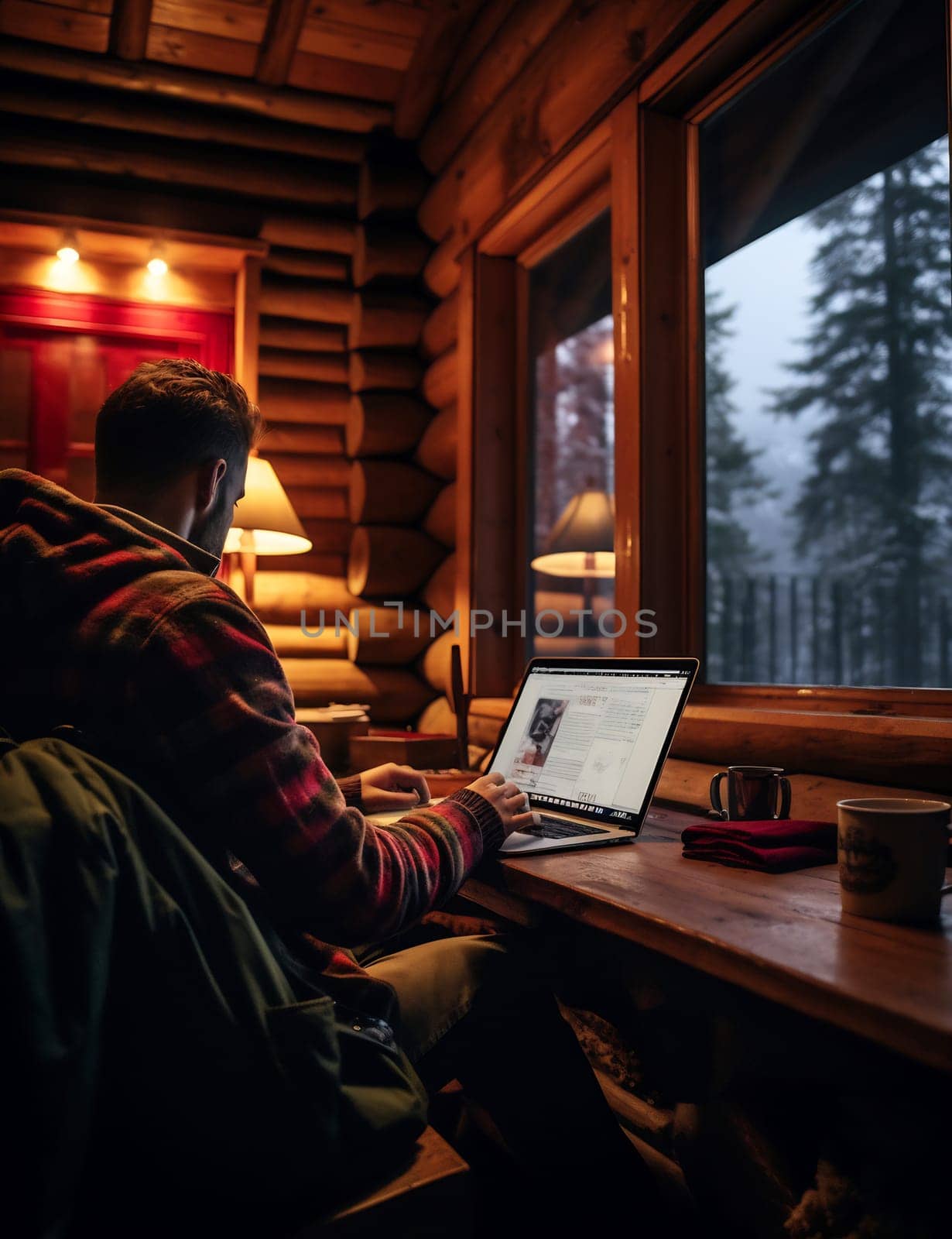 A person sits at a wooden desk, focused on their laptop, while warm light fills a cozy cabin with a forest view.