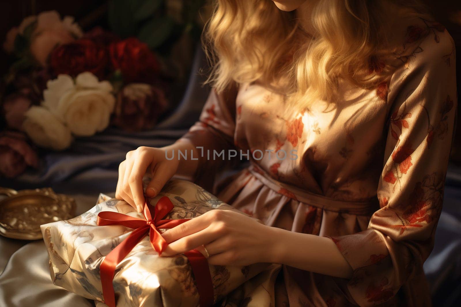 Delicate hands tie a red ribbon around a beautifully wrapped gift, adorned with flowers and soft lighting.