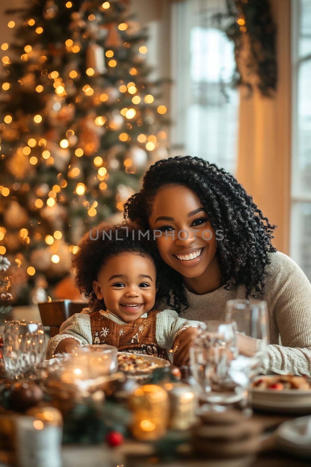 A joyful mother and her cheerful daughter share a festive moment at a beautifully set dining table, surrounded by holiday decorations.