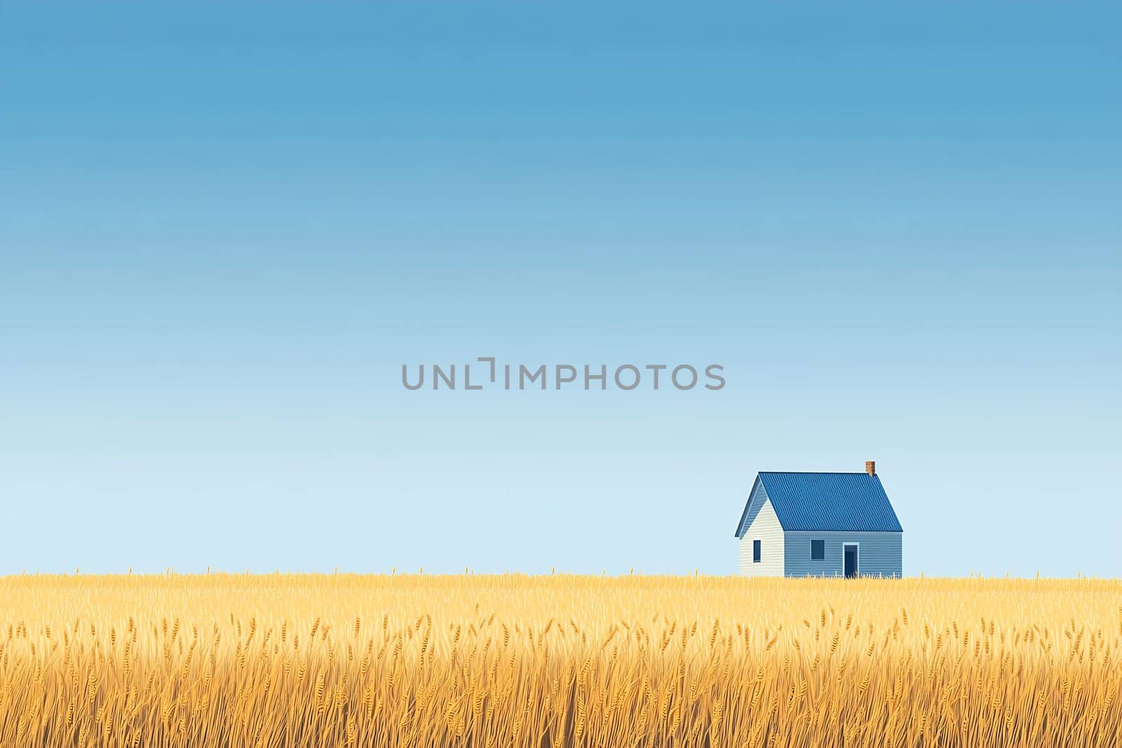 A blue house is positioned alone in expansive golden wheat fields, reflecting calmness under a tranquil blue sky.