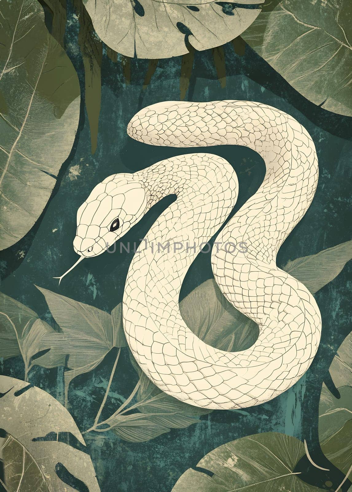 A white snake gracefully coils among vibrant green foliage, blending seamlessly into its natural habitat, evoking a sense of calm.