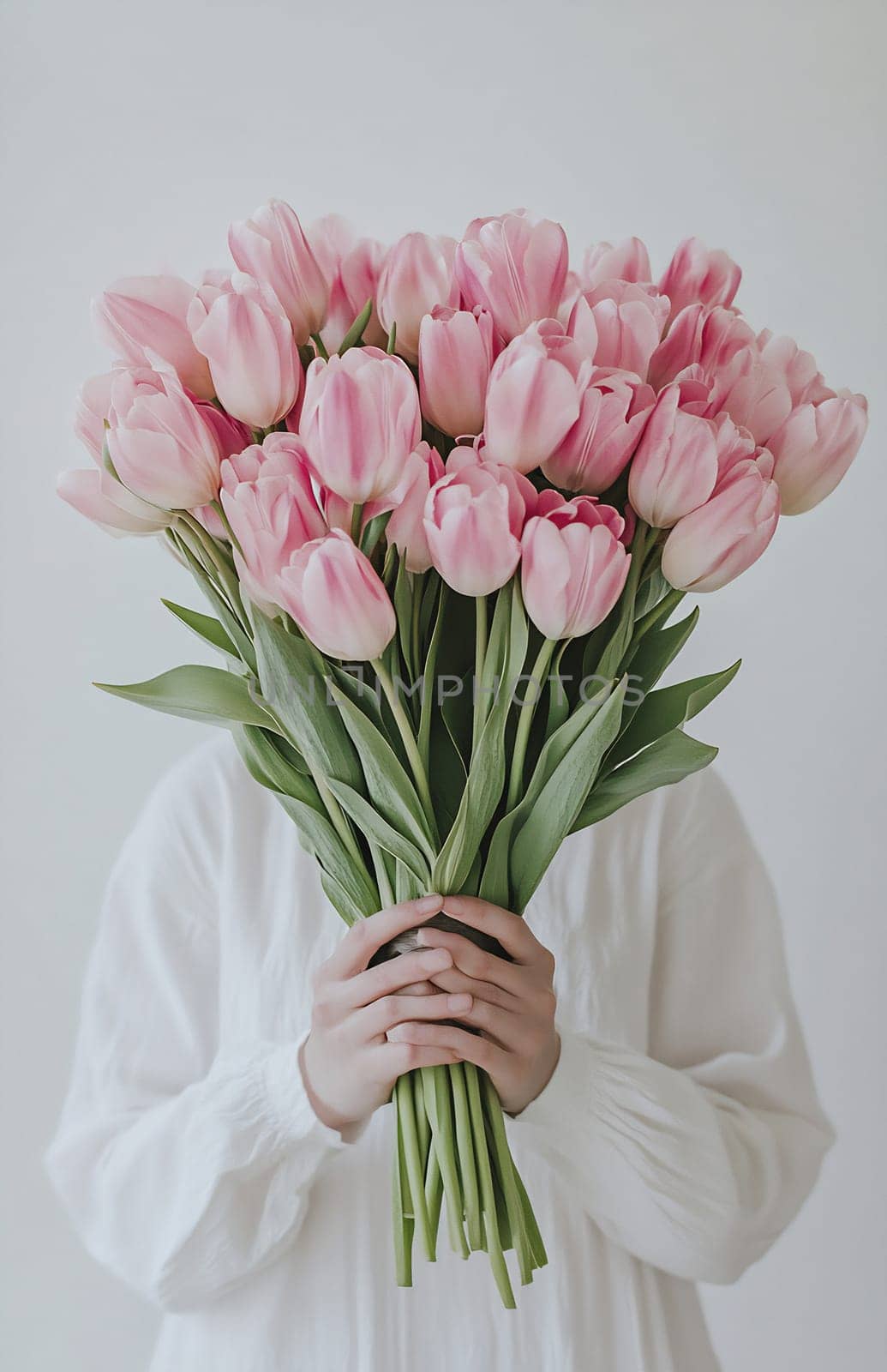 A person cradles a vibrant bouquet of pink tulips, beautifully accentuating the calm and freshness of springtime.