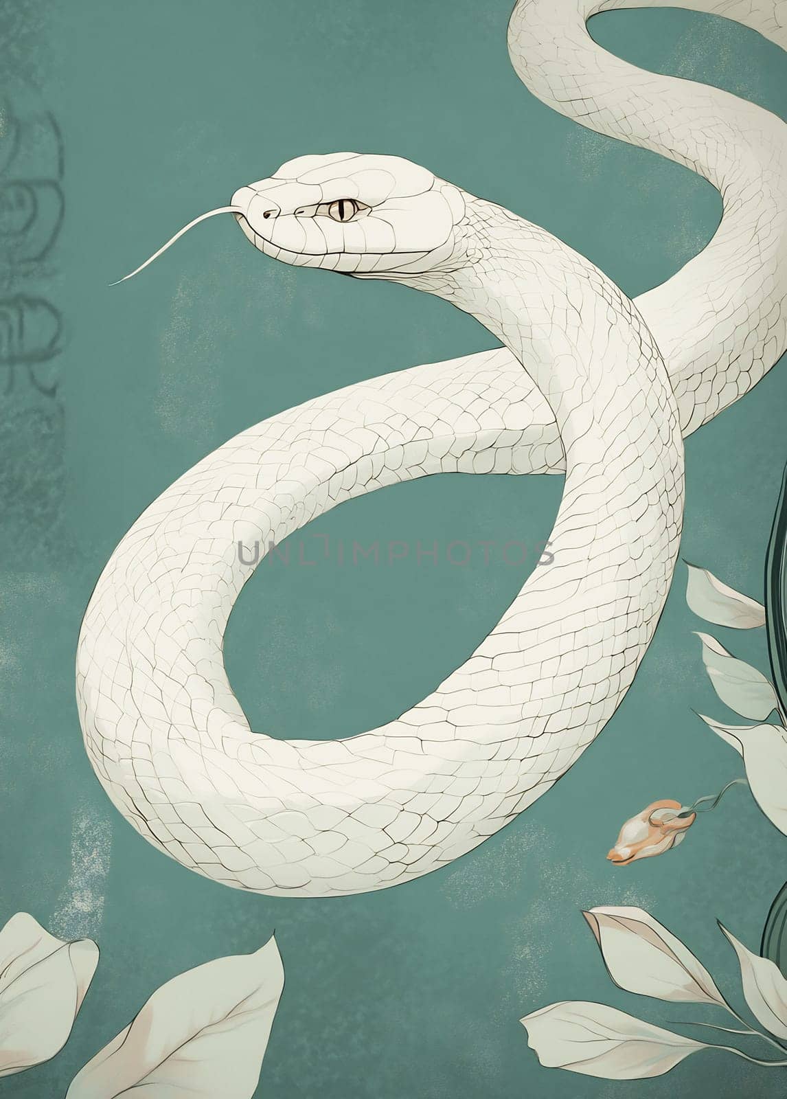 A detailed illustration showcases a white snake winding elegantly among soft foliage, creating a tranquil atmosphere.