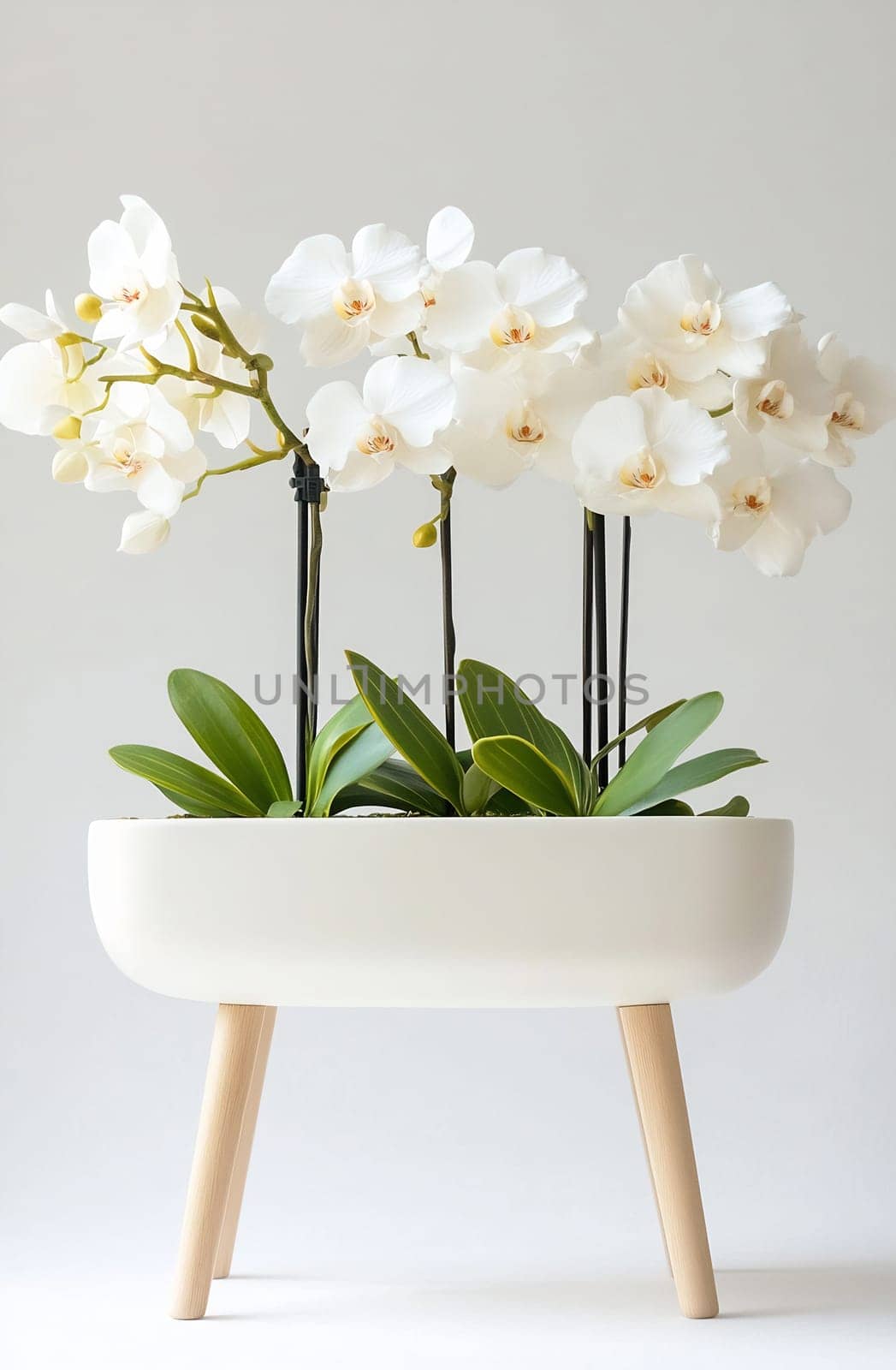 White orchids beautifully arranged in a sleek pot bring a touch of elegance to a contemporary indoor space with natural light.
