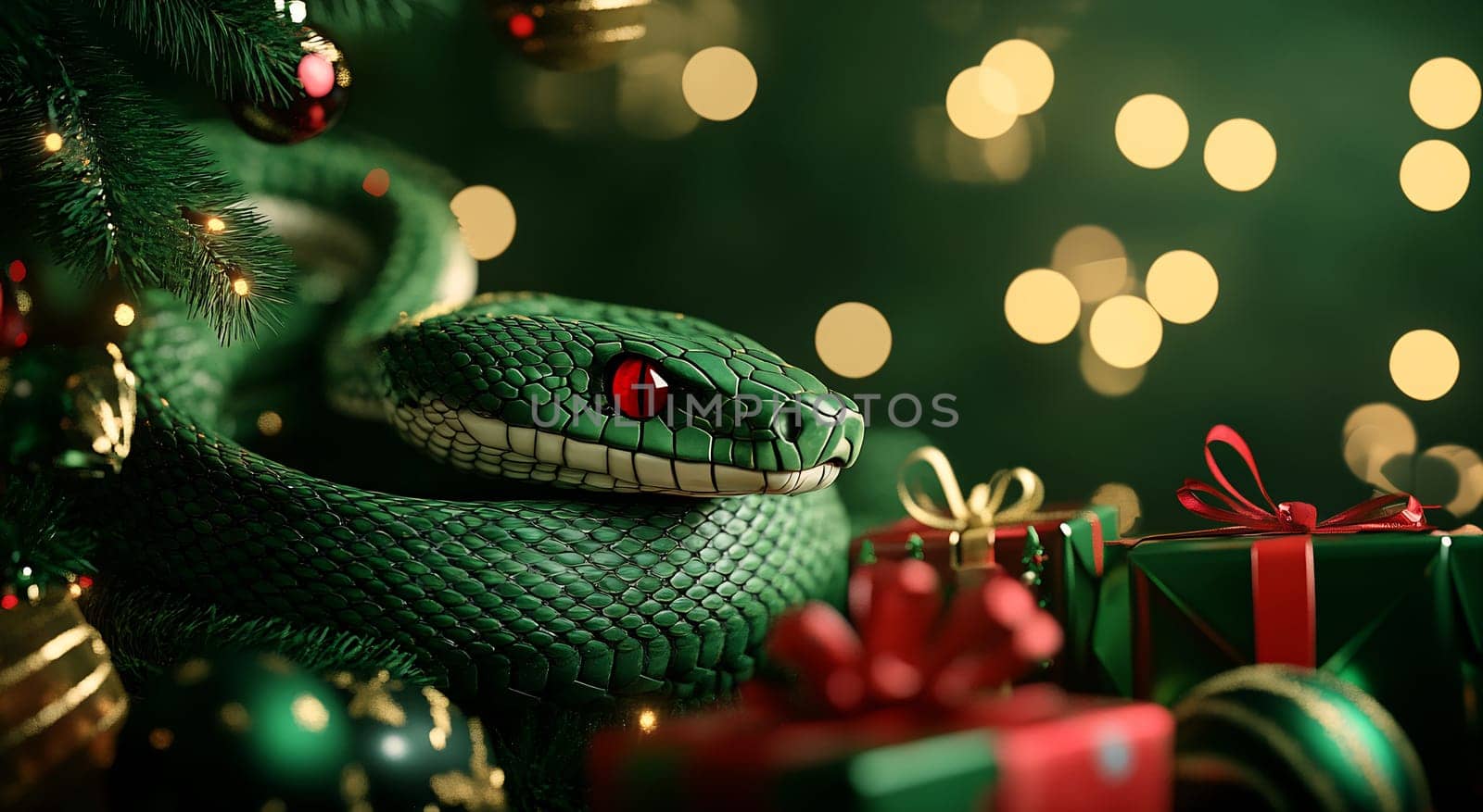 The green snake is coiled near beautifully wrapped gifts, surrounded by twinkling lights, adding a unique charm to the holiday atmosphere.