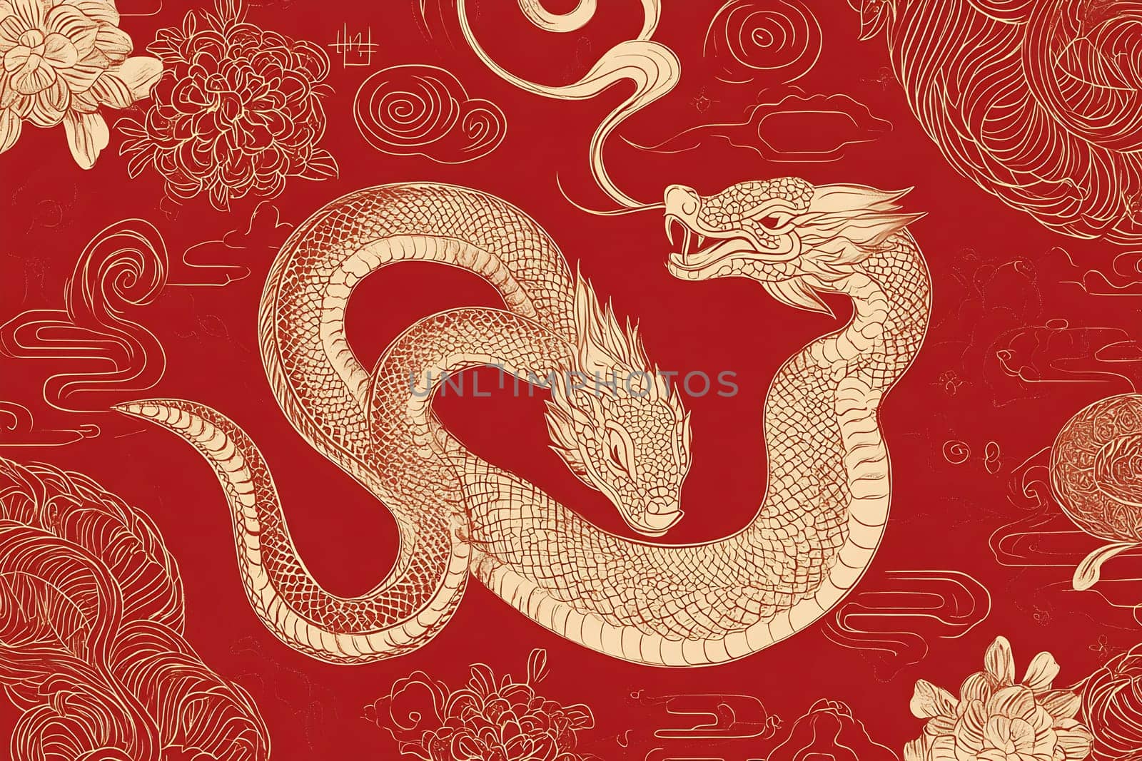 This artwork features a two-headed dragon coiling through stylized clouds on a vibrant red backdrop, symbolizing strength and power.