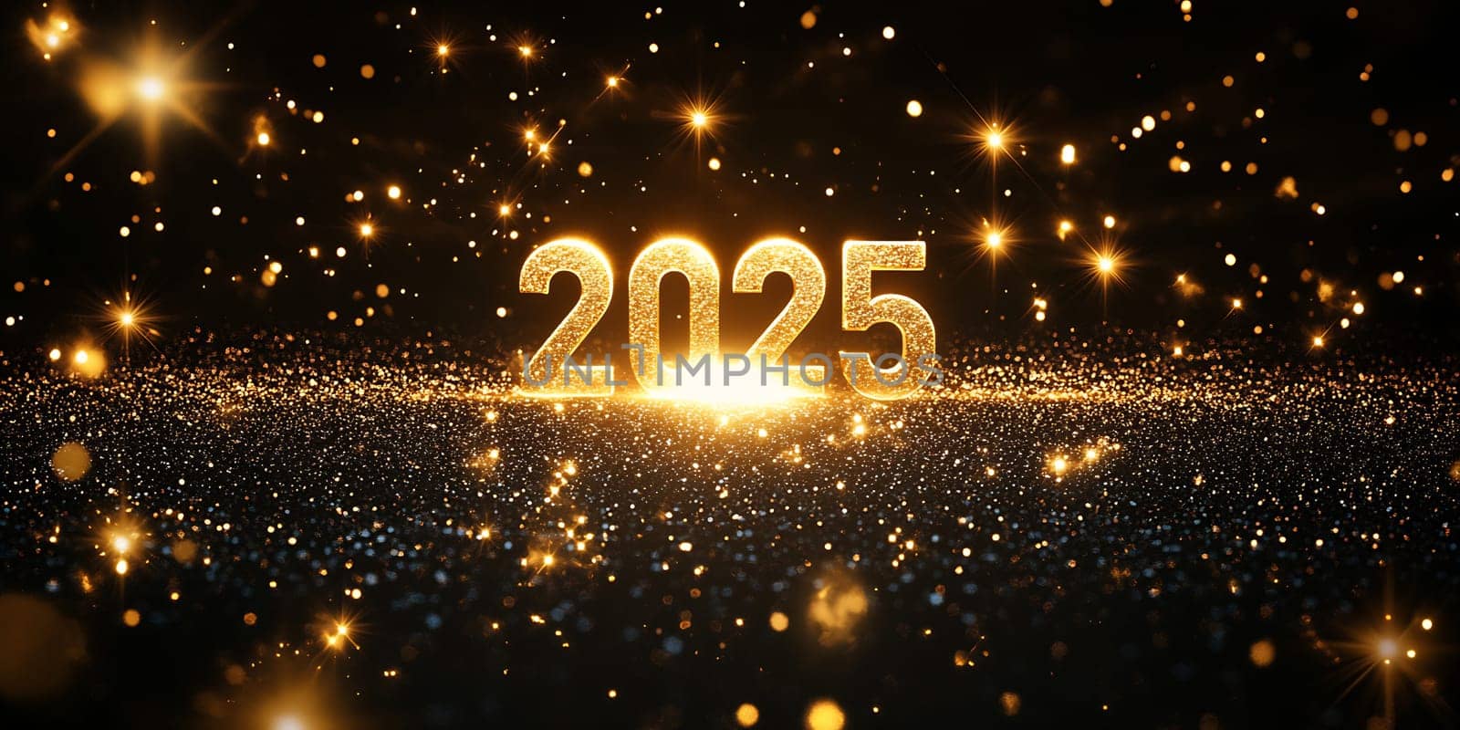 Golden numbers representing the year 2025 sparkle brightly against a dark background, creating a festive atmosphere for the new year's arrival.