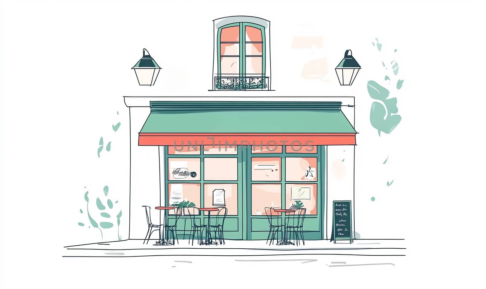 A quaint caf features outdoor seating under a vibrant awning, surrounded by greenery on a bright, sunny day.