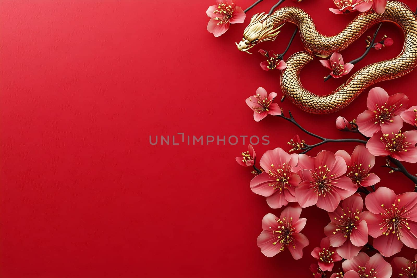 A golden dragon weaves among pink cherry blossoms against a striking red backdrop, symbolizing fortune and renewal in spring.