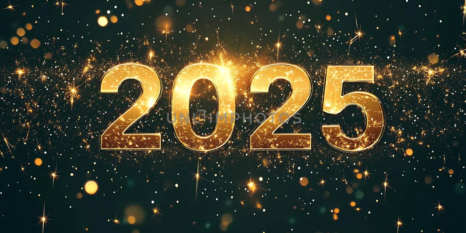 The year 2025 is depicted in shimmering gold with sparkling lights, symbolizing a joyful New Year celebration.