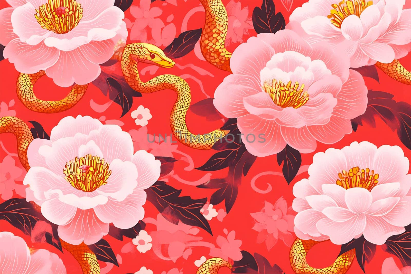 A striking design featuring pink peonies intertwined with a golden snake, set against a lively red backdrop.