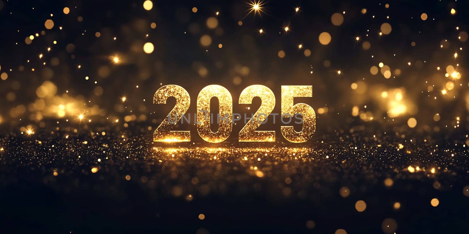 The vibrant display showcases the year 2025 in golden letters surrounded by twinkling lights and glittering confetti, perfect for celebrations.