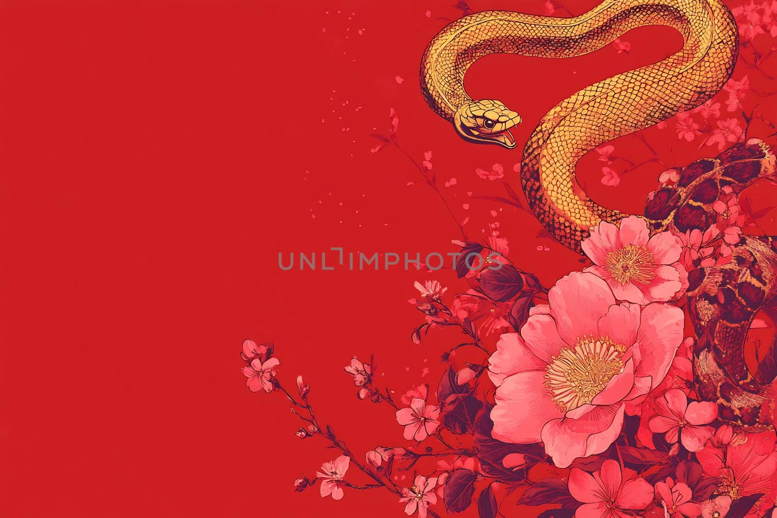 A golden snake gracefully wraps around colorful blooming flowers, creating a striking contrast against a vivid red background.