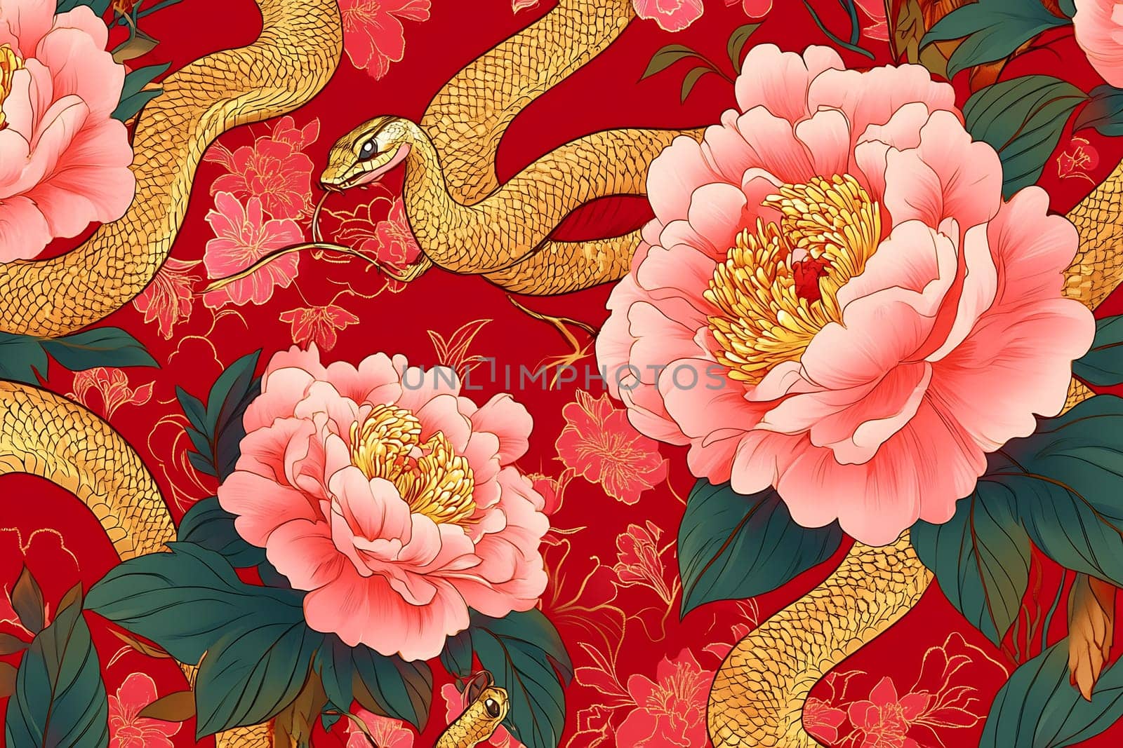 A striking design showcases blooming peonies intertwined with golden serpents against a bold red backdrop, creating a vibrant visual effect.