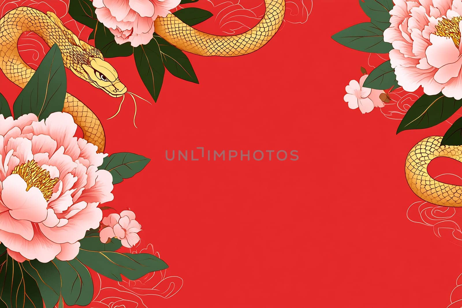 A striking red background featuring a golden snake intertwined with blooming peony flowers, conveying themes of prosperity and good fortune.