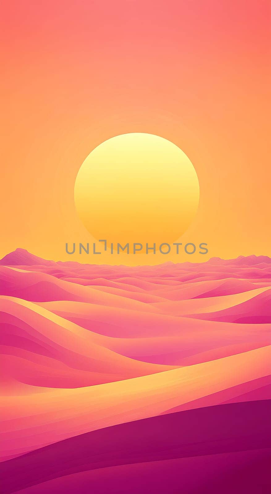 A stunning sunset bathes the undulating desert hills in warm pink and yellow tones, creating a serene and surreal atmosphere.