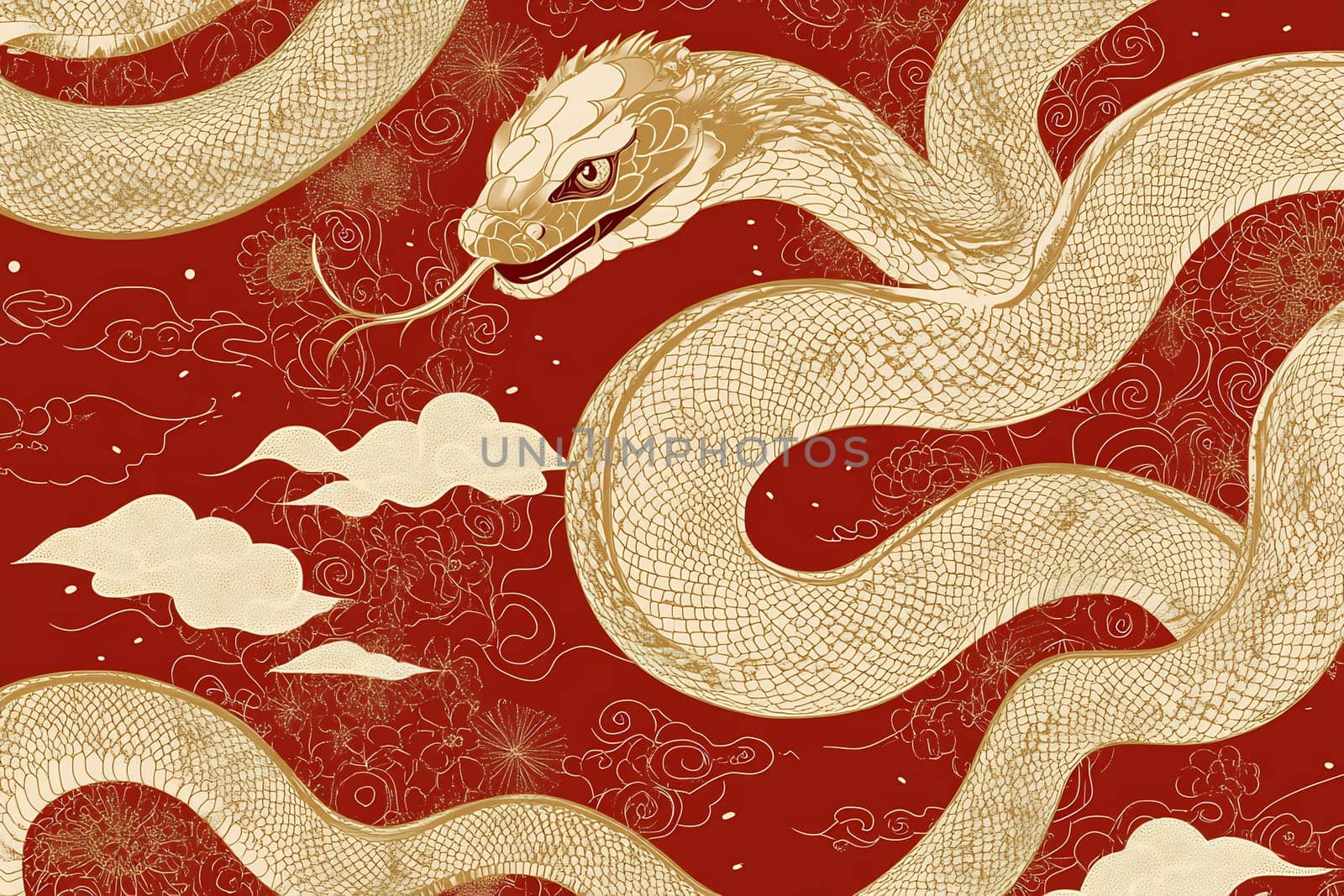A majestic golden dragon entwines itself through swirling clouds against a rich red backdrop, showcasing intricate designs and textures.