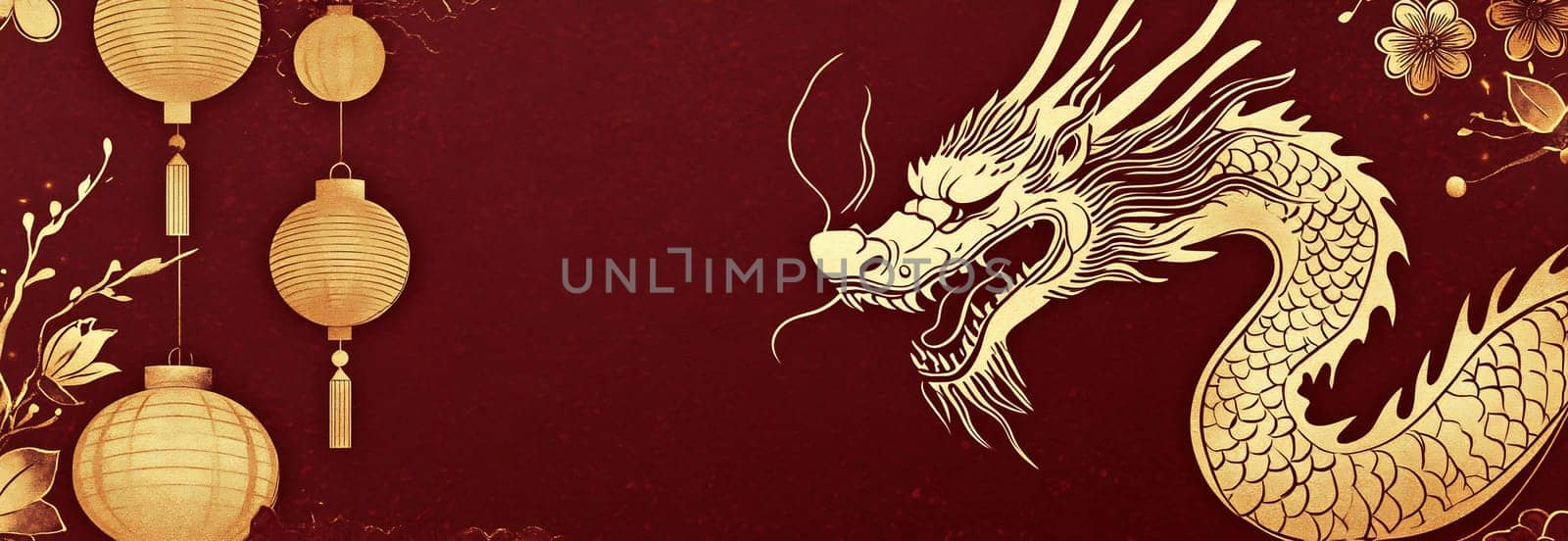 A vibrant dragon design accompanied by golden lanterns and floral elements adds elegance to the festive atmosphere.