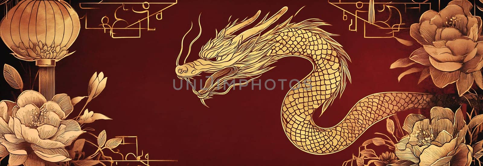 A majestic golden dragon intertwines with blooming flowers and lanterns against a vibrant red background, showcasing cultural symbolism.