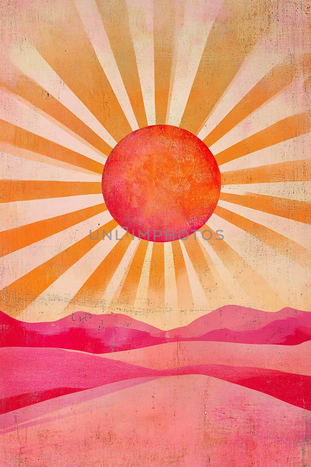 A stunning sunset casts vibrant orange hues over rolling pink hills, creating a serene and artistic atmosphere.