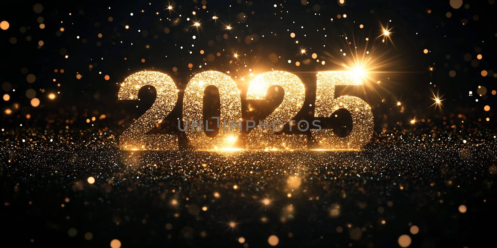 The year 2025 is displayed in shimmering gold against a backdrop of sparkling lights, creating a festive atmosphere.