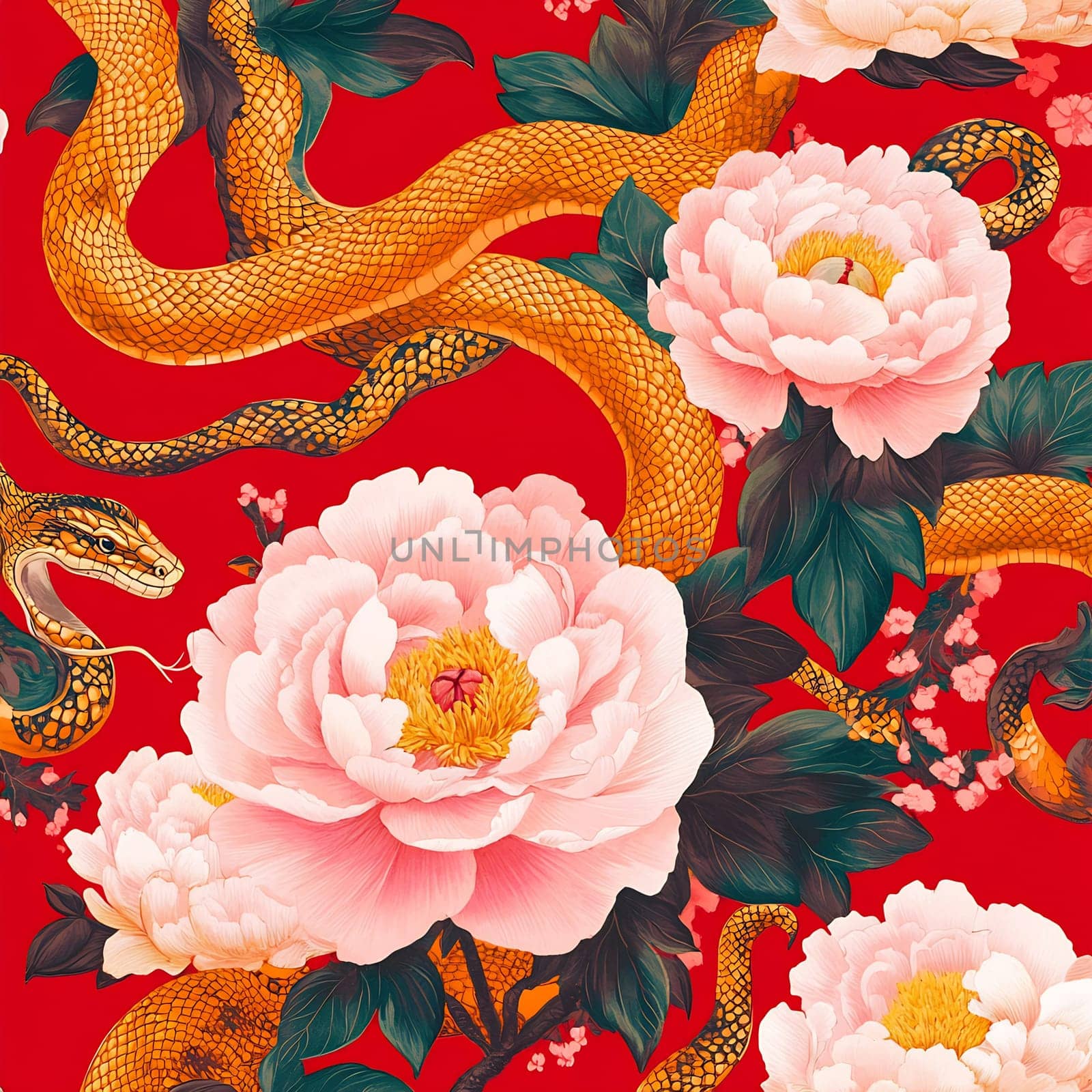 The artwork showcases a golden snake winding through lush pink peonies on a bright red backdrop, capturing a lively spring atmosphere.