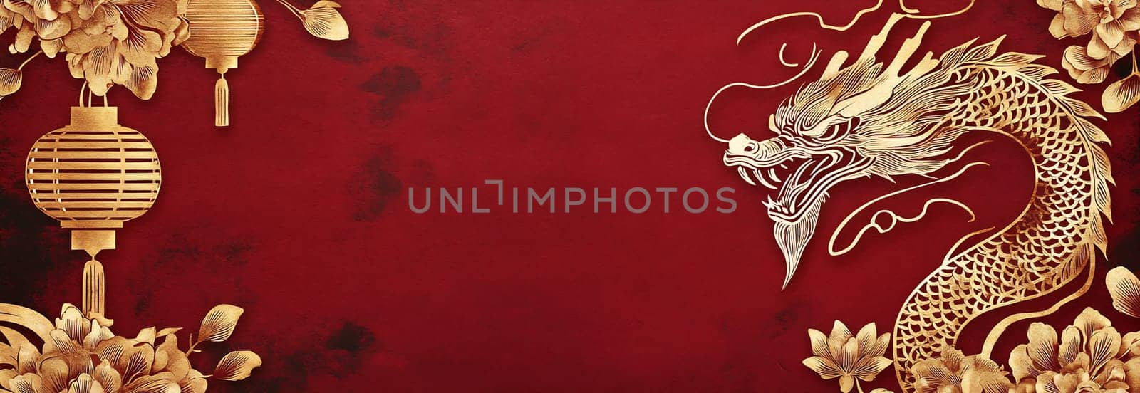 A majestic golden dragon is artistically presented alongside traditional lanterns and flowers on a vibrant red background.