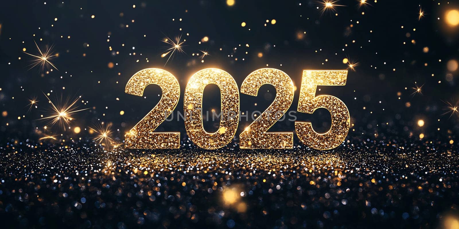 The shining numerals 2025 gleam with gold glitter on a dark surface, symbolizing the arrival of the New Year with vibrant excitement.