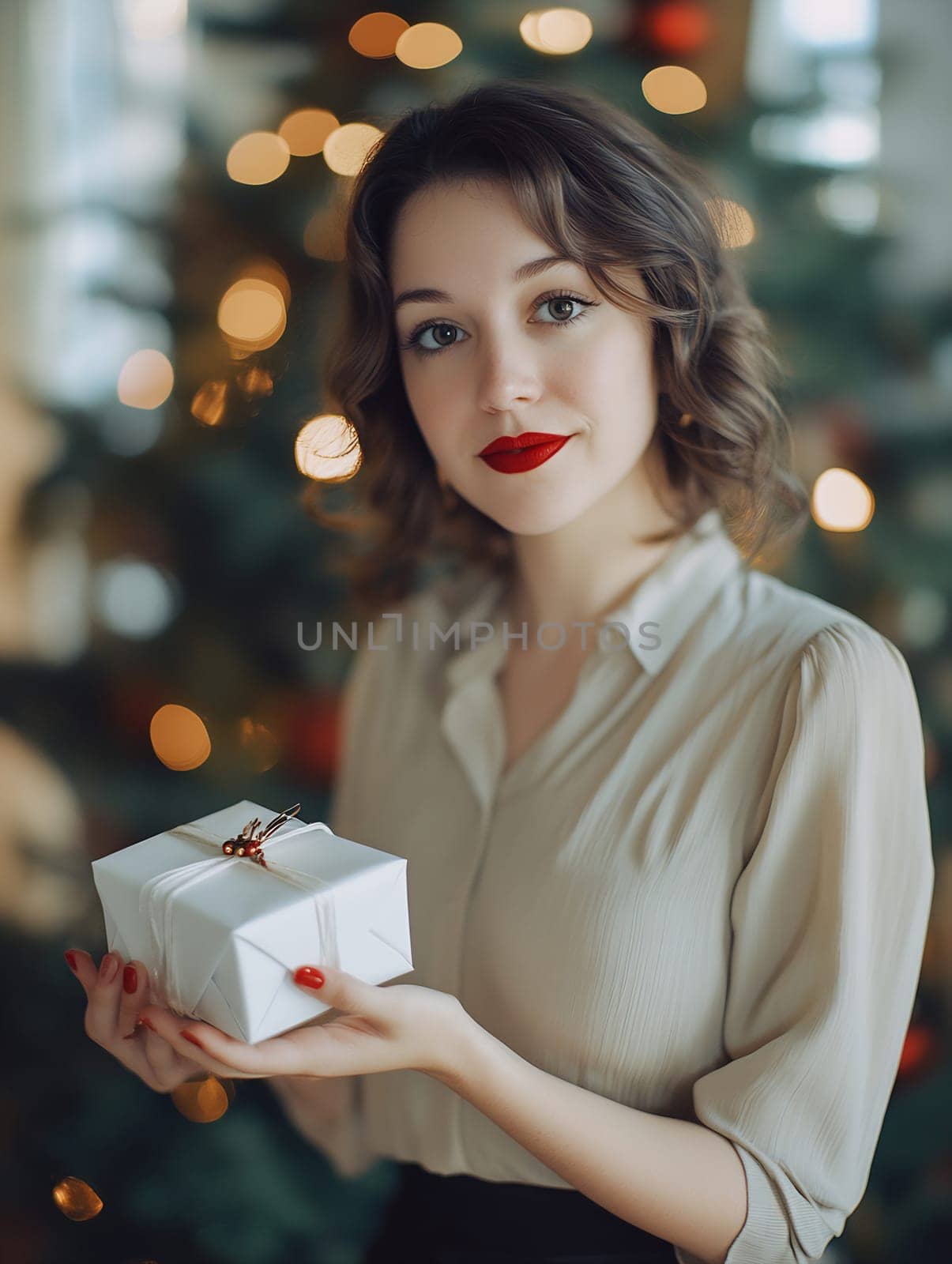 The woman smiles brightly while holding a small gift, surrounded by a sparkling Christmas tree and seasonal decorations.