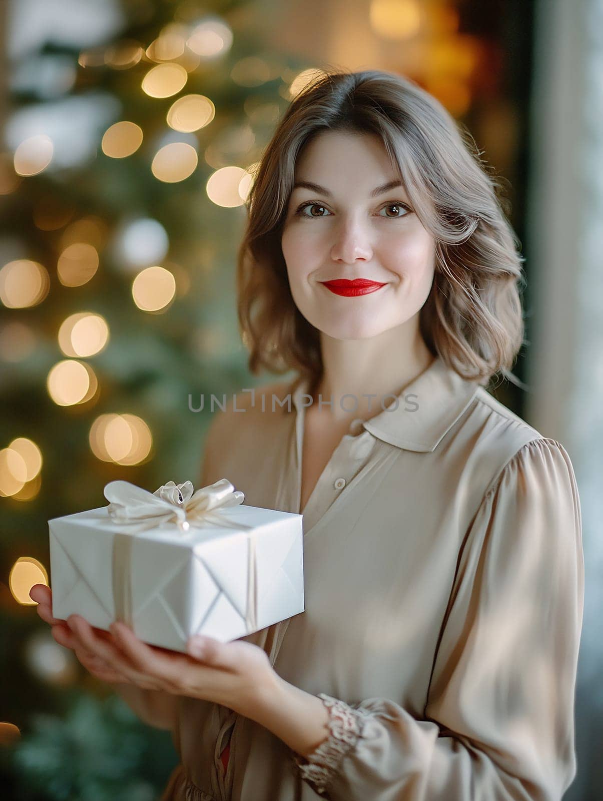 A woman with soft waves smiles while presenting a white gift box adorned with a ribbon amid festive decorations and warm lighting.