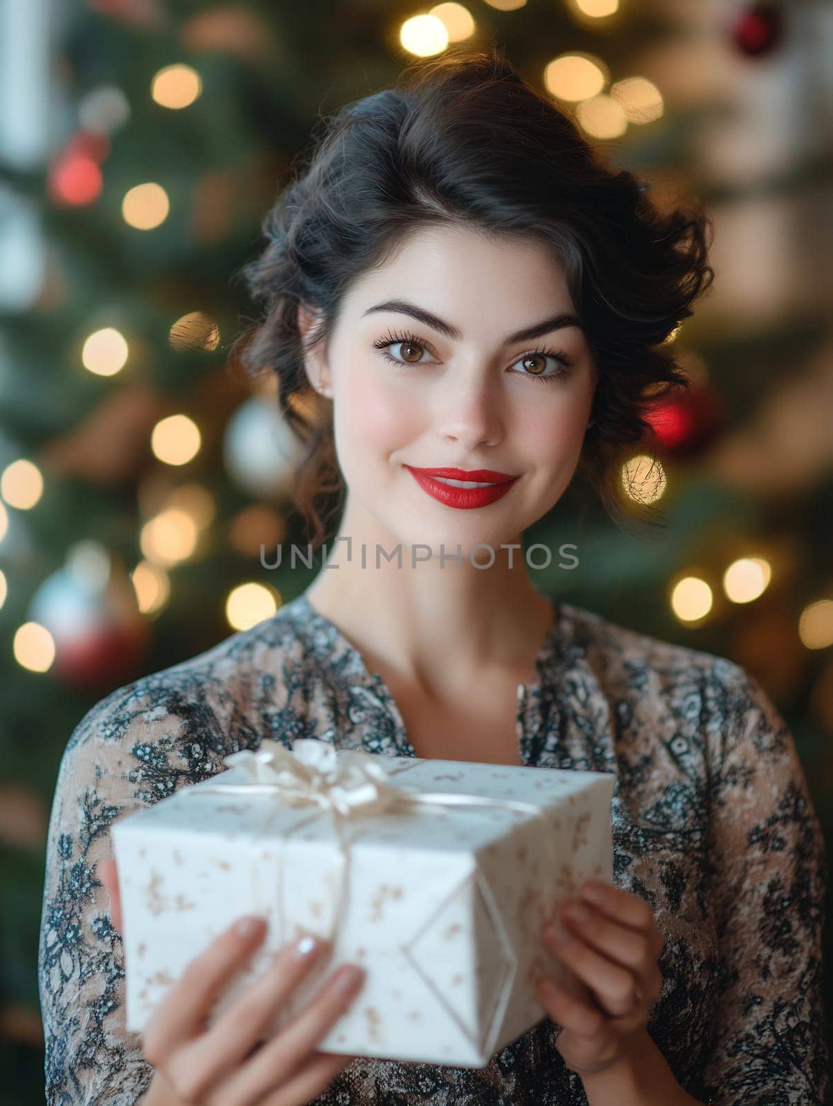 A young woman smiles while holding a wrapped present, surrounded by twinkling lights and festive decorations in a cozy setting.