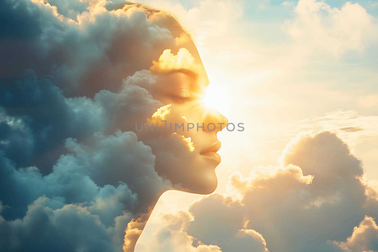 A woman's silhouette blends harmoniously with fluffy clouds as the sun sets, creating a tranquil and reflective atmosphere in the sky.