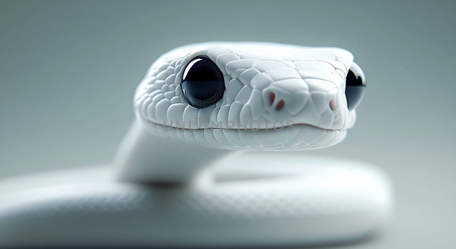The rare white snake gazes curiously with its large black eyes while resting on a smooth surface.